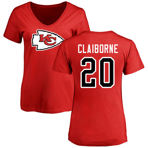 Women Football Kansas City Chiefs #20 Claiborne Morris Red Name and Number Logo Slim Fit T-Shirt